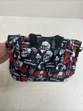 Hard Rock Cafe Black Tote with Red Rose & White Skull Print
